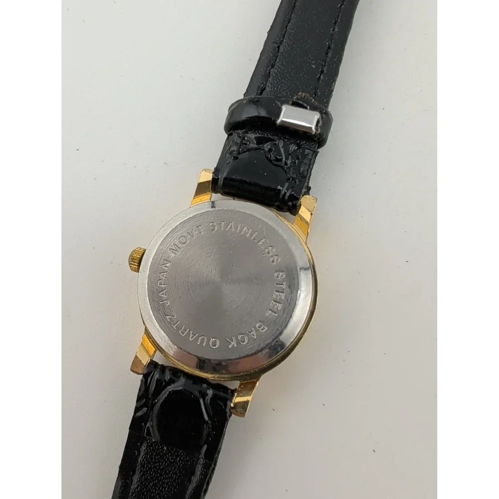 Classic GenuineDiamond Accent Gold Women's Quartz Watch Black Band- New Battery!